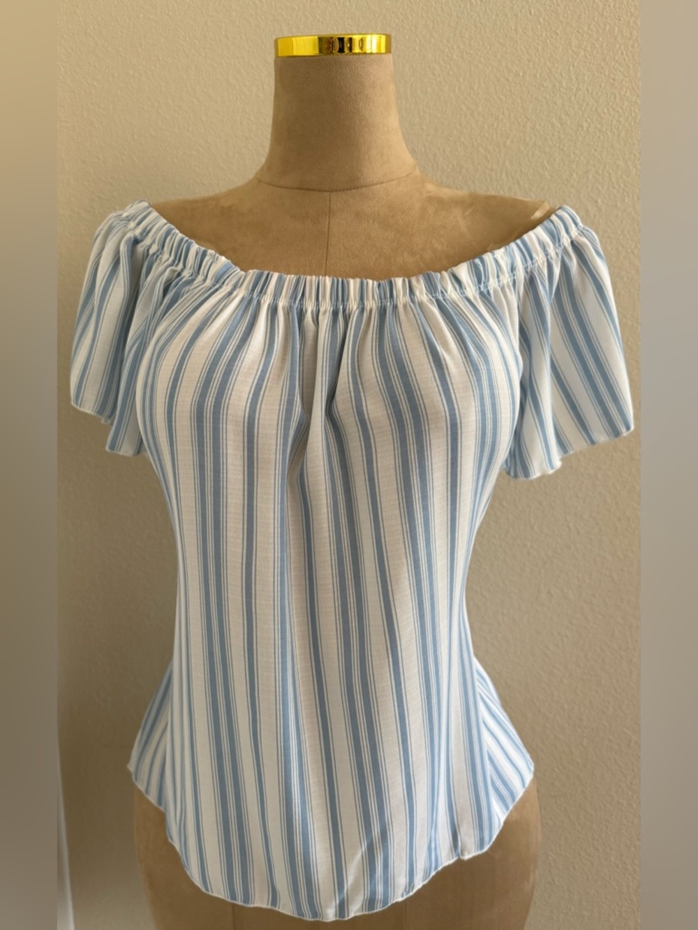 LG Light Blue and White Striped Off-Shoulder Top